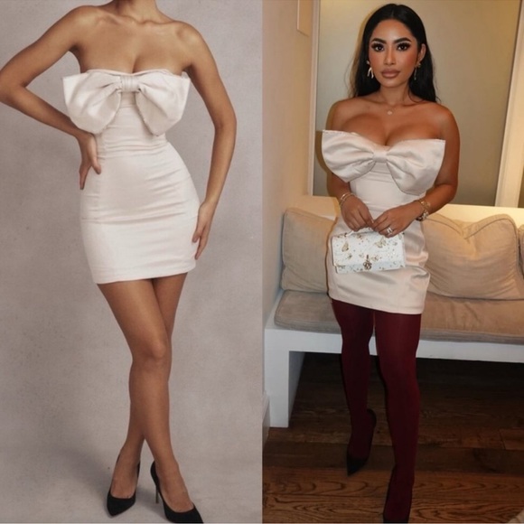 House of CB Ariella Ivory Satin Crystal Embellished Bow Dress